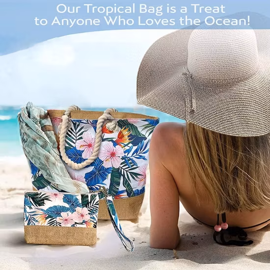 Wholesale Promotional Large Price Custom Logo Printed Pattern Canvas Jute Designer Summer Beach Tote Bag with Zipper Pouch